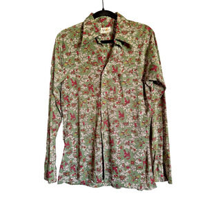 Vintage 70s Valiant Button Down Shirt Sz15 Asian Print Single Stitch Tailoring